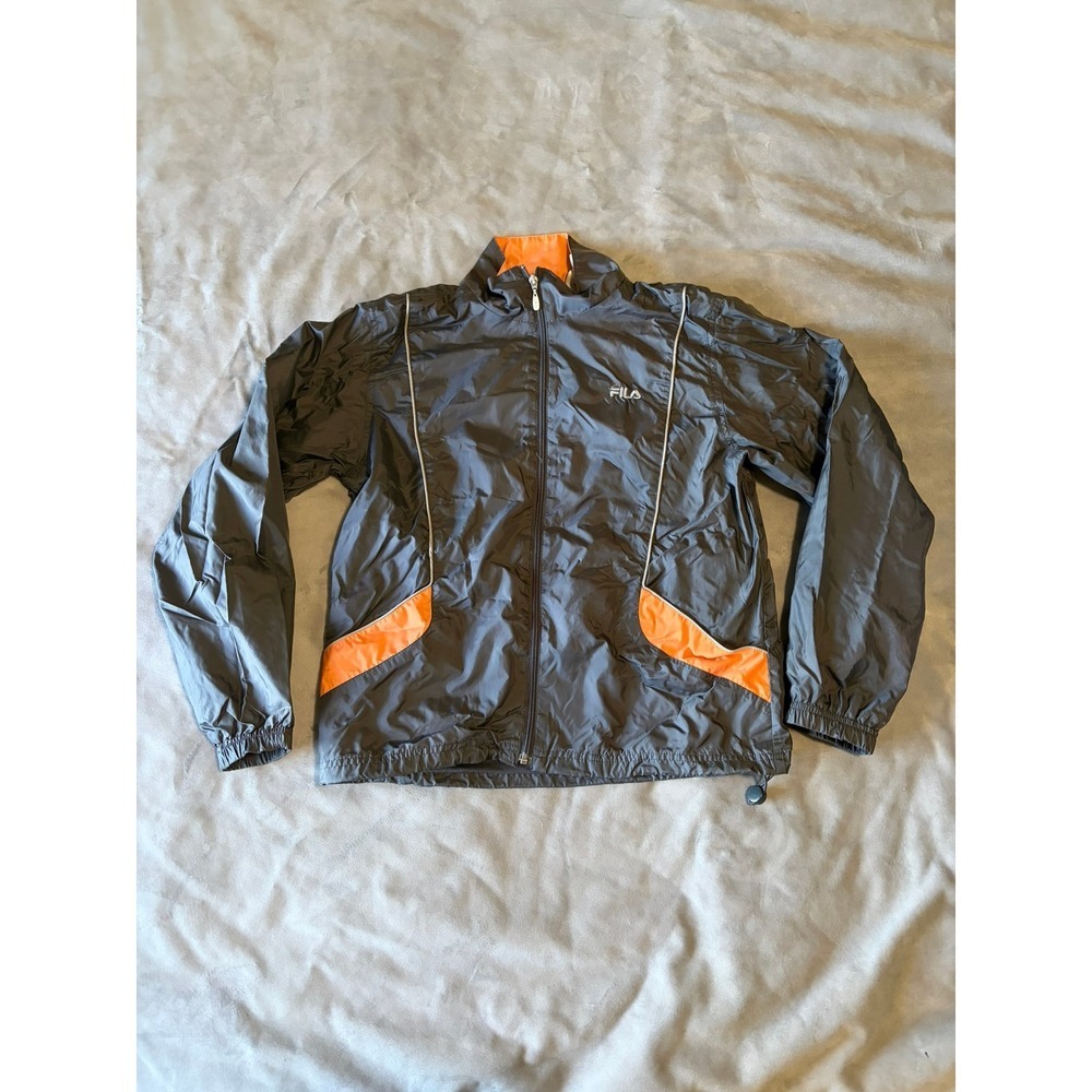 Fila Mens Windbreaker Jacket Gray Orange Full Zip Mesh Lined Sportswear Medium